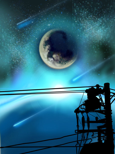 夜空中美丽的月亮和星星与黑白剪影电线杆的背景风景剪辑艺术。图片下载