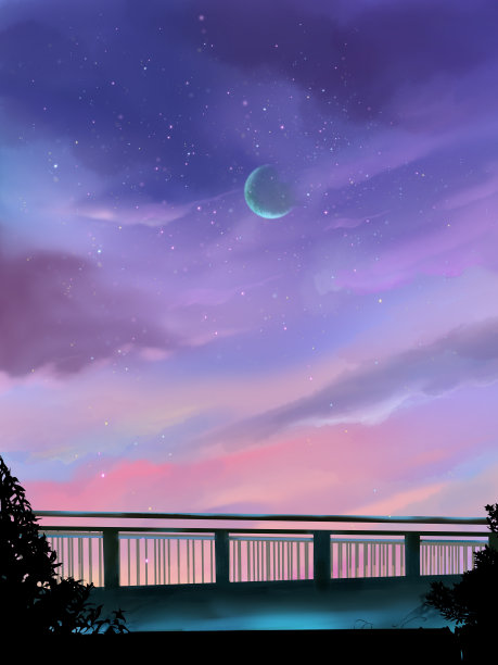 单色剪影的桥梁和电线杆和景观背景的夜空与闪亮的星星和月亮图片下载