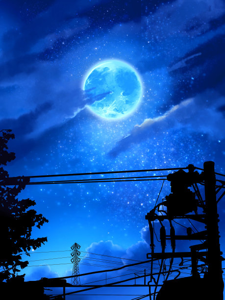 夜空中美丽的月亮和星星与黑白剪影电线杆的背景风景剪辑艺术。图片下载