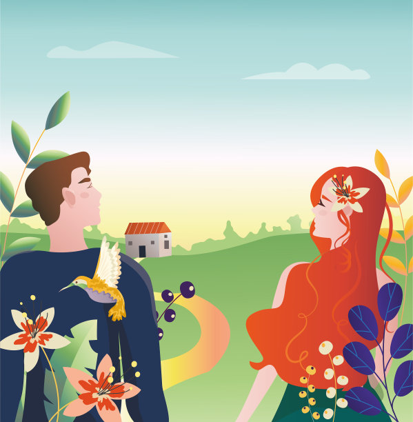 男孩女孩站在植物，花和蜂鸟之间图片下载