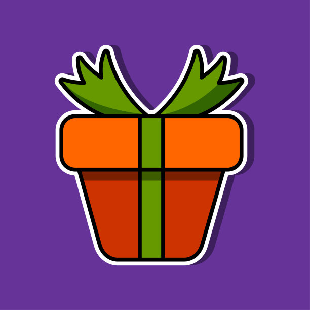 橙色礼盒贴纸，紫色背景上有绿色蝴蝶结。万圣节的形象。矢量插图。图片下载