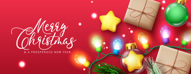 圣诞问候矢量背景设计。圣诞快乐文字在红色拷贝空间的礼物，圣诞灯和球元素的节日季节。图片下载