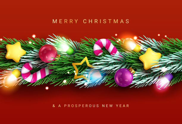 圣诞花环矢量概念设计。快乐的圣诞祝福文字在用草花环和圣诞饰品装饰的节日季节。图片下载