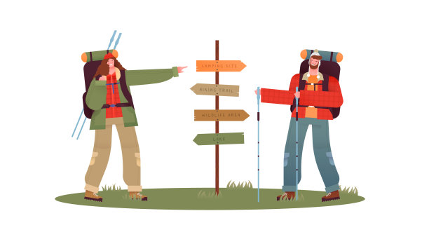 在旅行标志杆处远足的一男一女图片下载