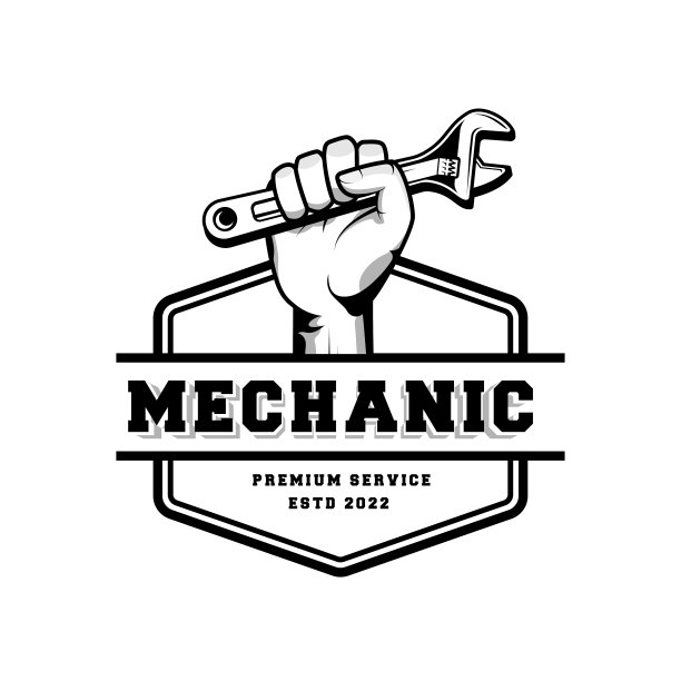 机械徽章标志设计在复古风格。水管工标志设计模板图片下载