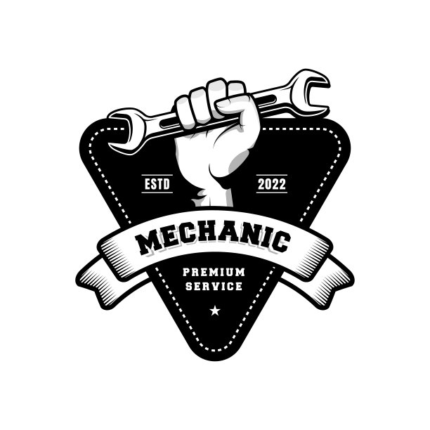 机械徽章标志设计在复古风格。水管工标志设计模板图片下载