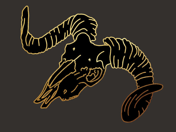 ram的头骨。在黑色背景上有金色线条的图形插图图片下载