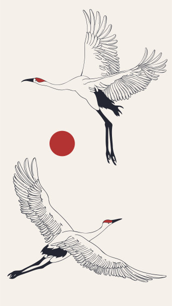 柔和的复古海报。手绘插图与鹤和太阳。图片下载