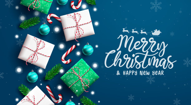 圣诞问候矢量背景设计。圣诞快乐排版文字与礼物，糖果手杖和圣诞球在蓝色背景的节日信息。图片下载