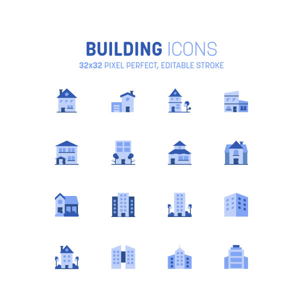 建筑图标集。多色调风格的城市和家居图标。建筑地产符号向量图片下载