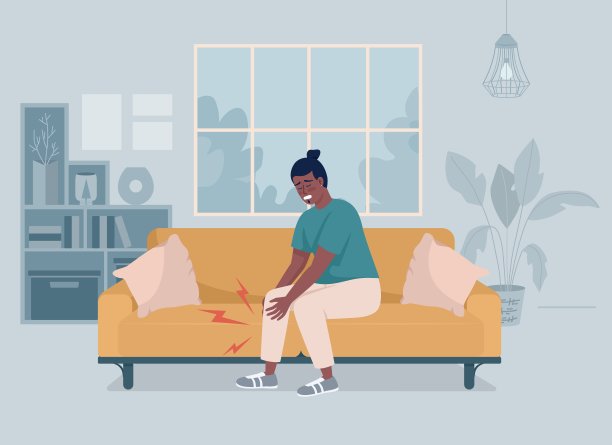 腿部肌肉疼痛的人在家平面彩色矢量插图图片下载