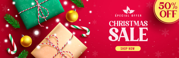 圣诞销售矢量横幅设计。圣诞促销文本在节日折扣提供圣诞购物季节促销广告与礼物元素。图片下载