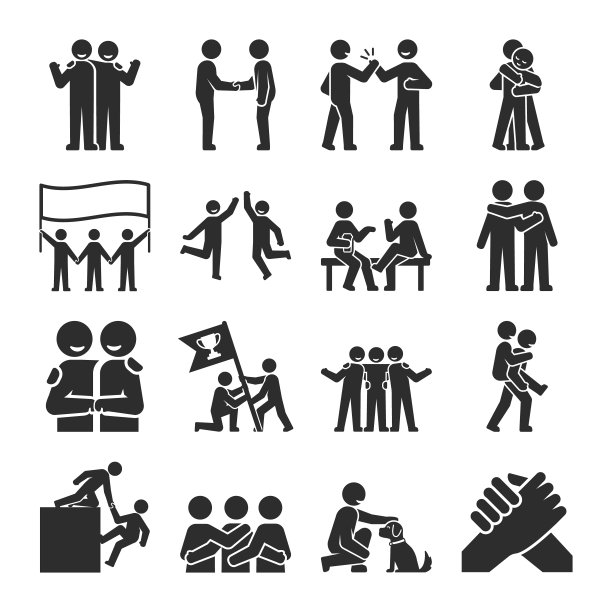 友谊的图标集。友谊关系，闲暇时间和帮助。朋友会花时间在一起。单色黑白图标。图片下载