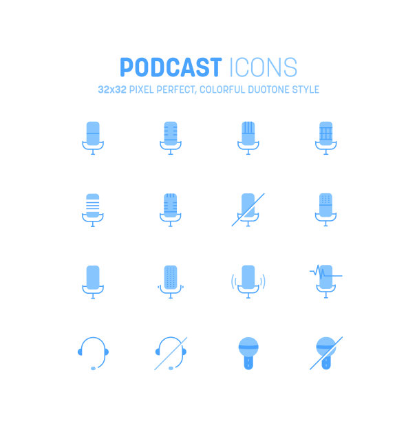 播客的图标集。多色调和彩色麦克风图标。音乐，音频，扬声器和无线电双音符号向量图片下载