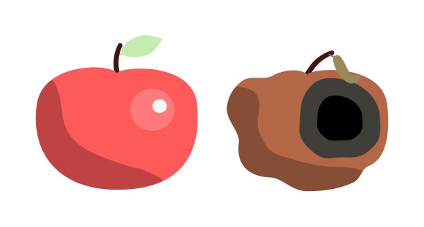 腐烂的、有病的、损坏的苹果一个完整健康的苹果。图片下载