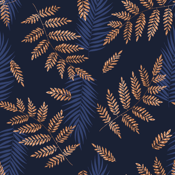 蕨类植物黄金模式。热带花卉无缝图案。彩色热带植物背景。重复装饰矢量背景。图片下载