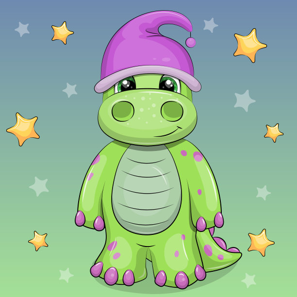 可爱的卡通恐龙戴着睡帽。图片下载