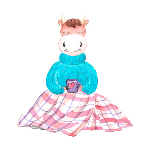 水彩插图的可爱的奶牛与一杯咖啡。孤立在白色背景上。图片下载