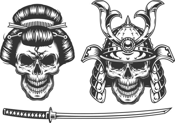 艺伎和武士的概念与头骨图片下载