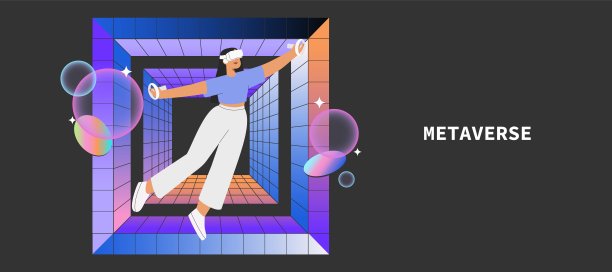 Metaverse娱乐。平面矢量插画，女性戴着虚拟现实眼镜和VR头戴设备，互动和探索虚拟世界。未来创新的概念。图片下载