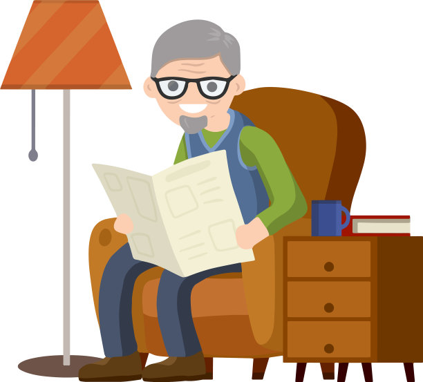 老人坐在棕色的椅子上看报纸图片下载