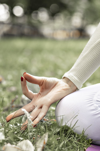 一个年轻美丽、苗条的金发女孩夏天在公园池塘边的自然中做瑜伽。图片下载