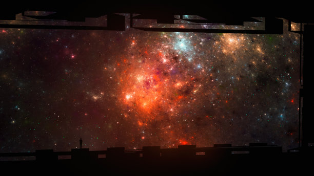 男人的剪影站在工业，飞船黑色的形状元素与空间色彩斑斓的星云和星星。奇幻背景，3D渲染图片下载