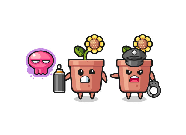 向日葵花盆卡通破坏公物被抓图片下载