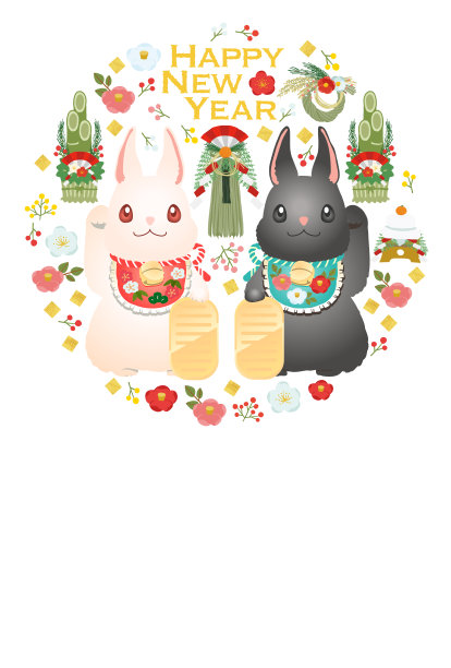 以日本好运符“召唤猫”为主题的“召唤兔子”新年贺卡。新艺术风格的框架矢量插图图片下载