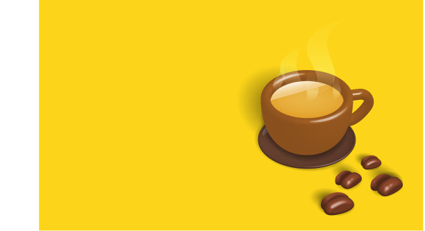 棕色的盘子上放着一个棕色的杯子，里面有咖啡，咖啡杯旁边放着咖啡豆。黄色背景图片下载