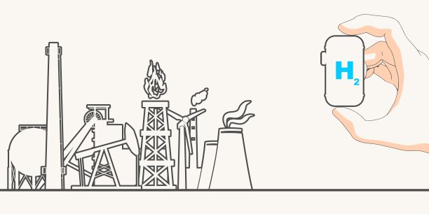绿色氢能概念。手持氢气罐。能源生产和重工业。细线的风格图片下载