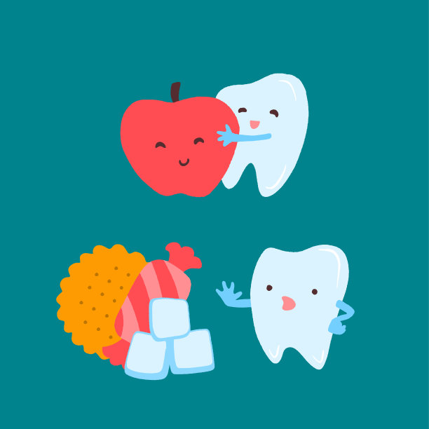 牙齿卡通人物选择了一个苹果，忽略了糖果和糖。图片下载