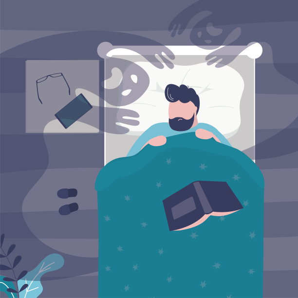 害怕的家伙从噩梦中醒来。男主角裹着毯子怕鬼图片下载