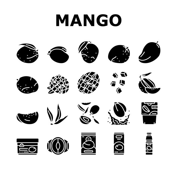 芒果水果新鲜叶黄色图标设置矢量图片下载