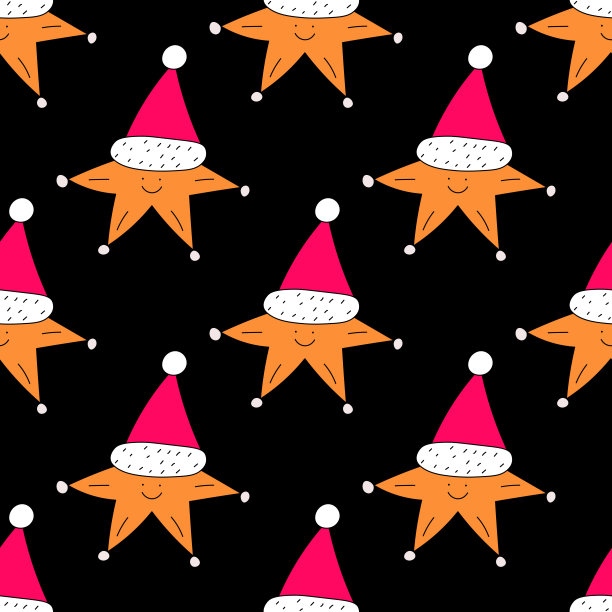 方形矢量无缝图案-圣诞星和帽子。1970年的良好氛围。时髦又时髦的1960年迷幻新年。充满活力的冬天。疯狂的卡通人物。复古有趣的圣诞节日装饰品图片下载