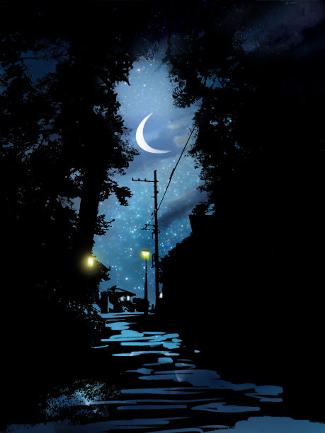 夜空和月亮的剪影，穿过森林的单色剪影和乡村道路上的电线杆。图片下载