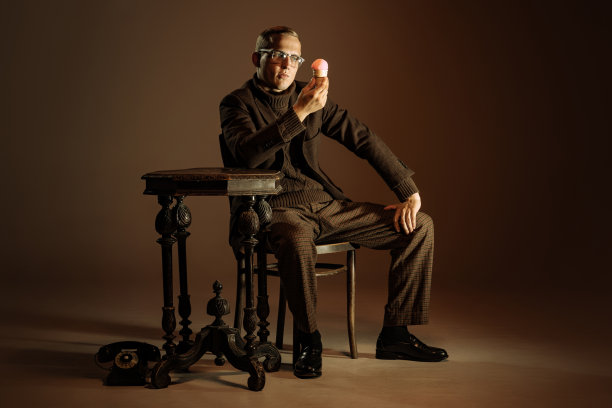 复古风格肖像的年轻人，作家和旅行者穿着复古风格的衣服孤立在深棕色的背景。商业、艺术、时尚理念图片下载