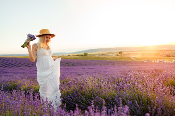 身着白色长裙的年轻女子站在淡紫色的田野里图片下载