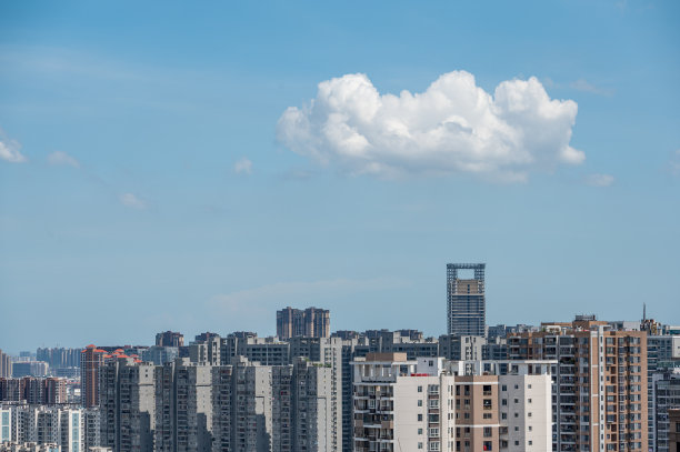 蓝天白云下的城市天际线是在中国福建省莆田市图片下载