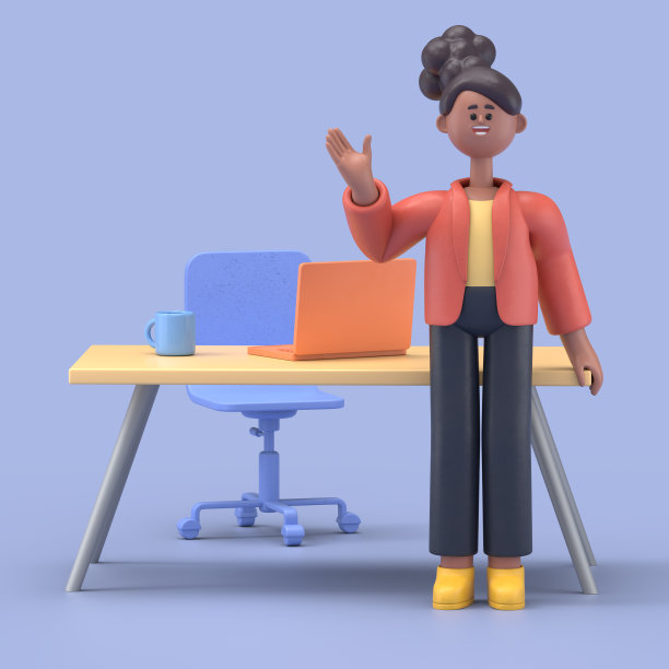 微笑的非洲裔美国妇女在工作场所的电脑上工作的3D插图。蓝色背景上的3D渲染。图片下载