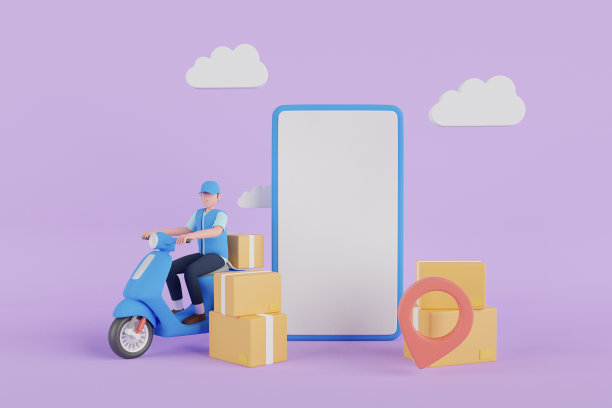 智能手机空白显示，快递服务和手机应用。快递员用蓝色滑板车从手机里出来。3 d渲染。图片下载