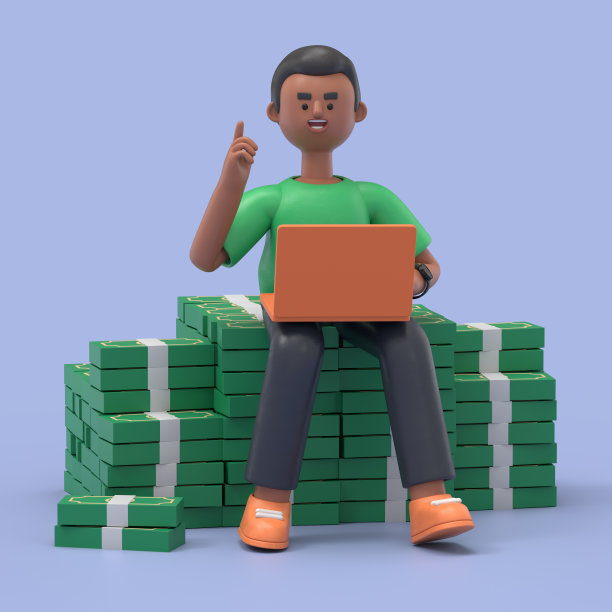 3D插图，微笑的非洲裔美国人大卫在电脑前工作，坐在一捆一捆的钱上。蓝色背景上的3D渲染。图片下载