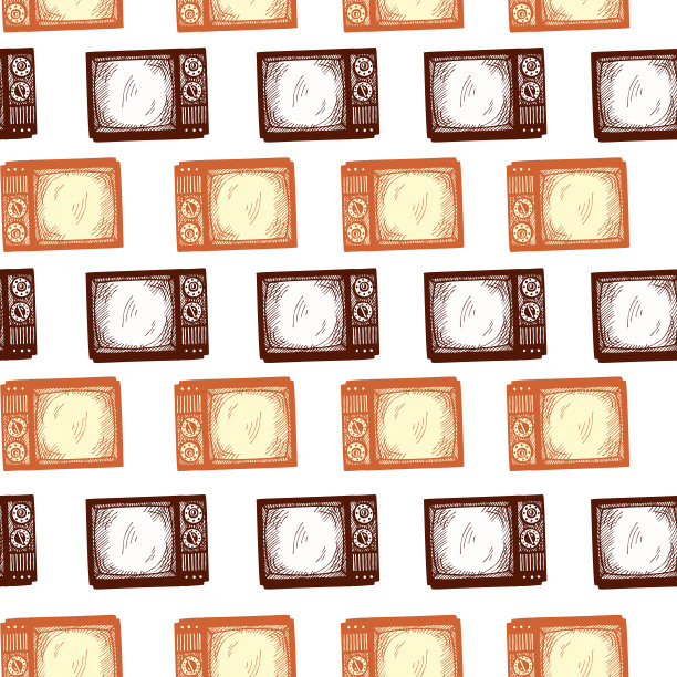 复古电视雕刻无缝图案。复古电视媒体手绘风格。图片下载