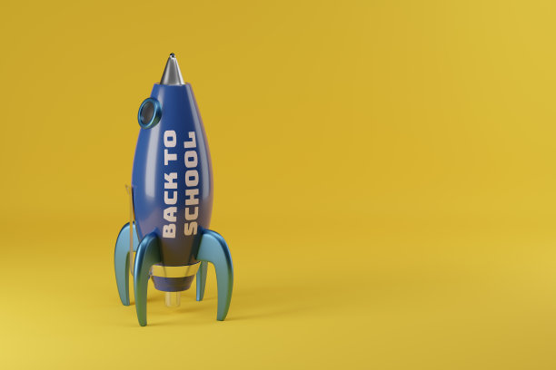飞船在钢笔的形状和文字“回学校”的复制空间。3 d演示。图片下载