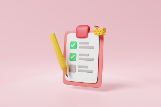 购物清单与正确的标记复选框纸，铅笔，购物篮在粉红色的背景。订单清单任务剪贴板为商店，超市，杂货产品购买和销售计划。三维渲染图片下载