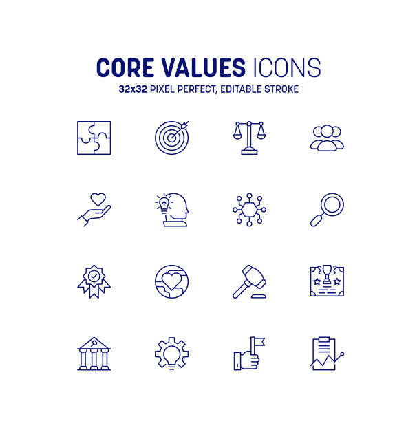 核心价值观图标。社会责任轮廓图标集。最小核心价值和完整性目标符号向量图片下载