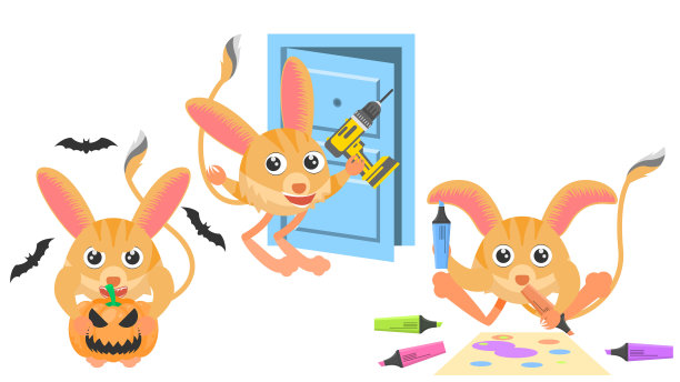 集抽象收集平面卡通不同的动物跳鼠与南瓜和蝙蝠周围，画与标记，安装门与螺丝刀矢量设计风格的元素动物野生动物图片下载