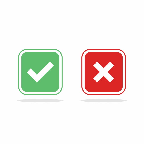 检查和错误标记，勾选和交叉标记，接受/拒绝，批准/不批准，是/否，对/错，绿色/红色，正确/错误，Ok/不Ok -矢量标记符号，绿色和红色。孤立的图标。图片下载