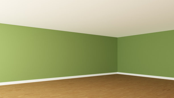 房间的角落，绿色的墙壁，白色的天花板，轻拼花地板图片下载
