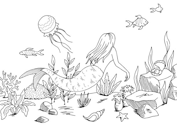 美人鱼水下图形黑白海景观素描插图矢量图片下载